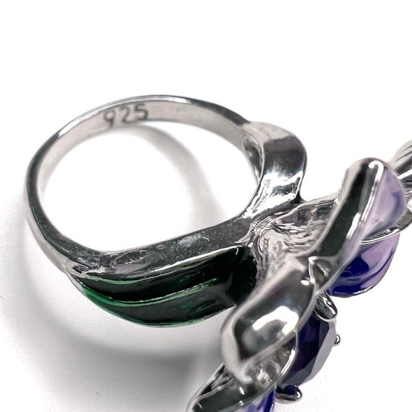 Sterling Silver Purple Orchid Flower Ring Enamel Rhinestone  Statement - Picture 8 of 9